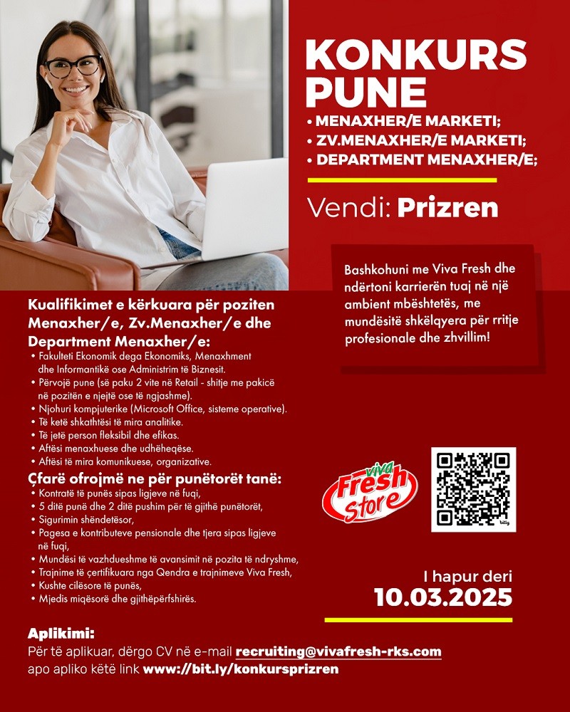 Prizren: Menaxher/e Marketi, Zv.Menaxher/e Marketi, Department Menaxher/e